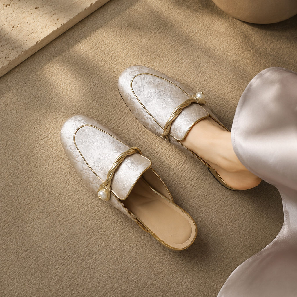 Bianca Satin Floral Mules for Women – Low Heel Slip-On Dress Shoes