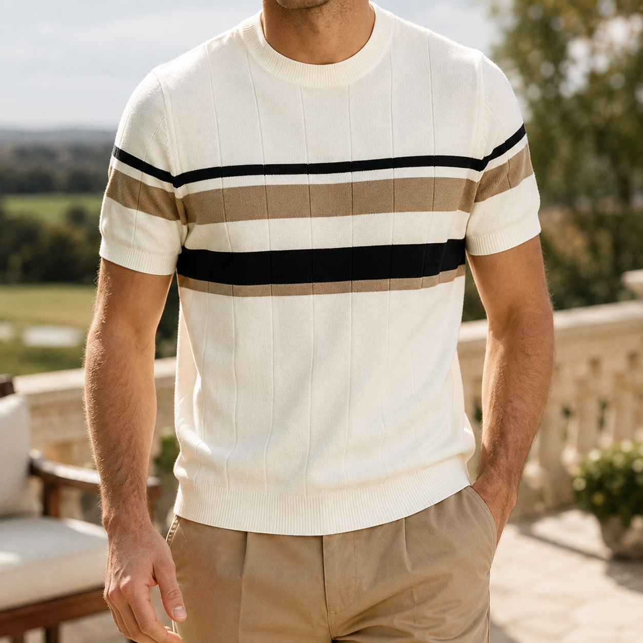 Graham Men's Striped Ribbed Knit Short Sleeve Sweater