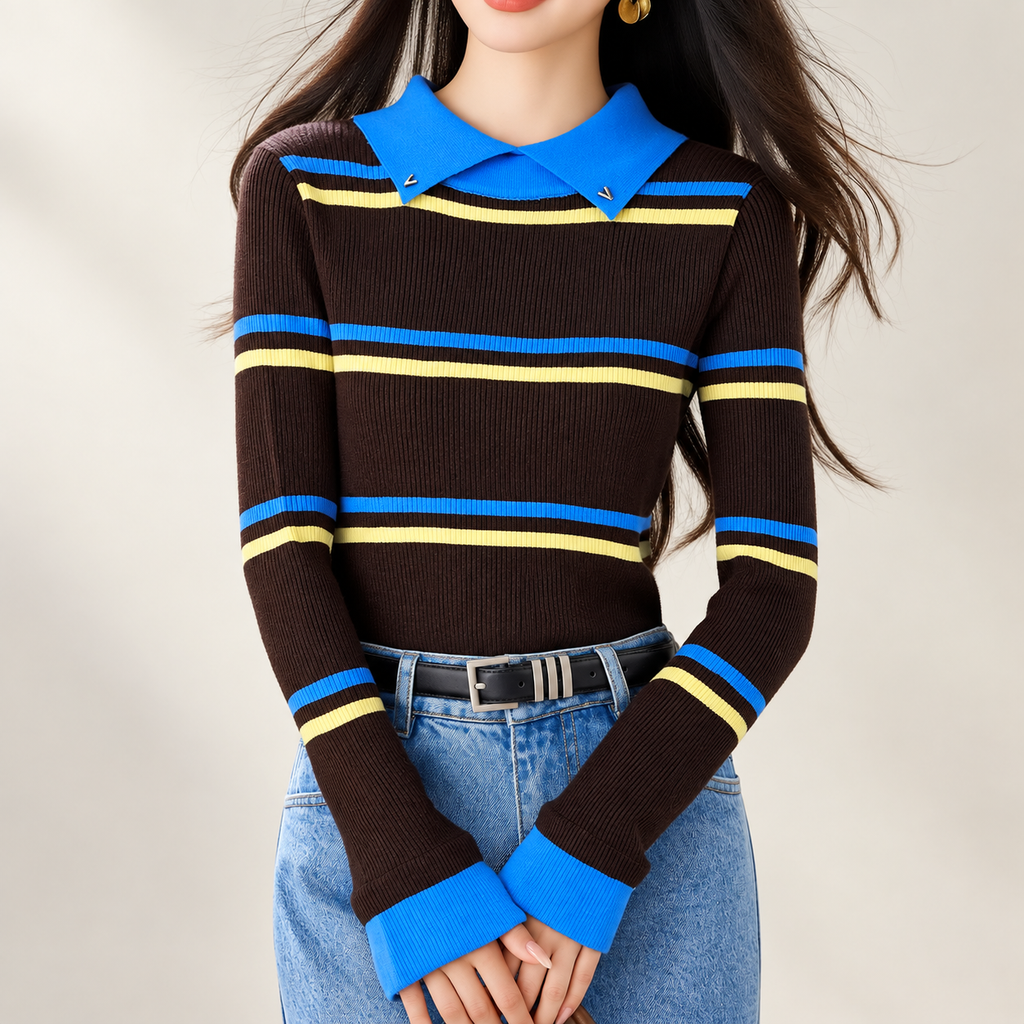 Elena Striped Ribbed Knit Polo Sweater