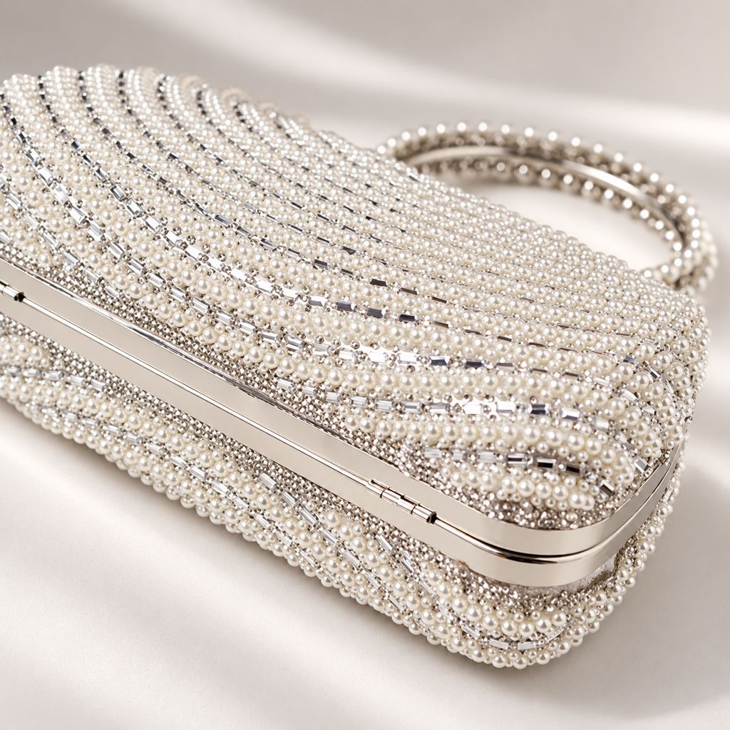 Camille Pearl Beaded Ring Handle Evening Clutch Bag