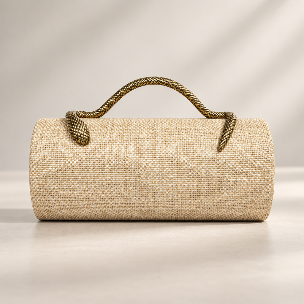 Elodie Women’s Woven Cylinder Clutch with Sculpted Snake Handle