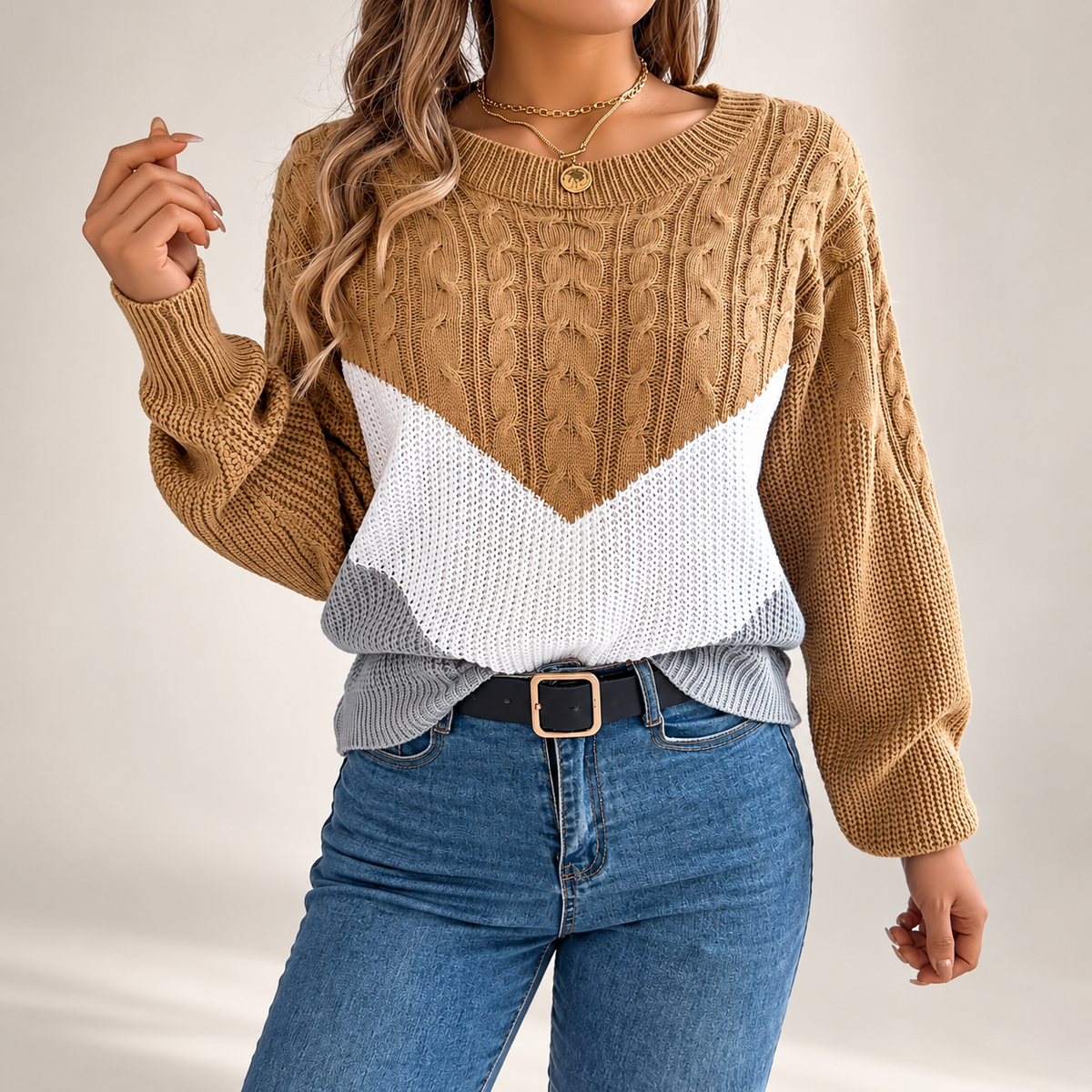 Camille Women’s Cable Knit Colorblock Crewneck Sweater