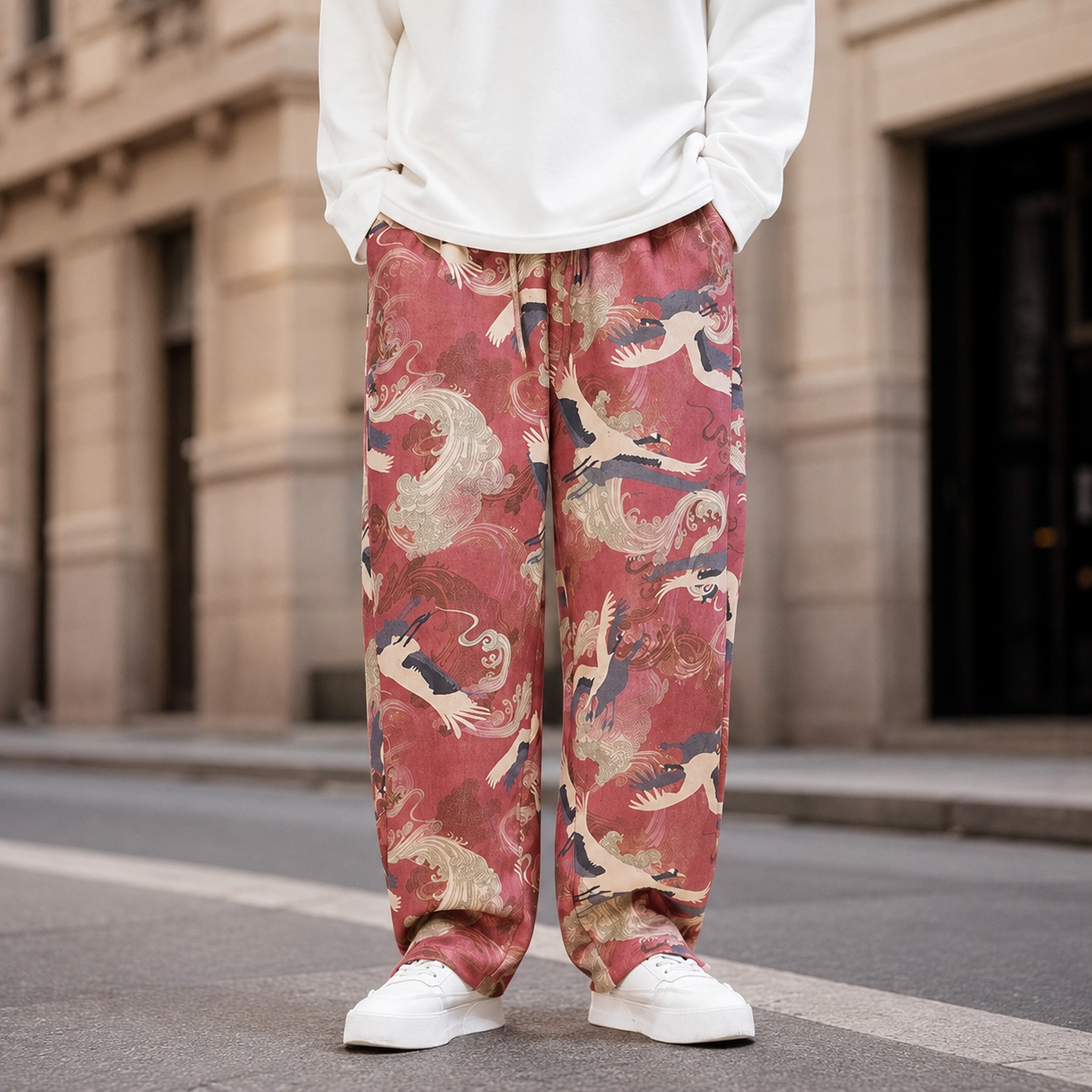 Matteo Men's Relaxed Wide-Leg Crane Print Drawstring Pants