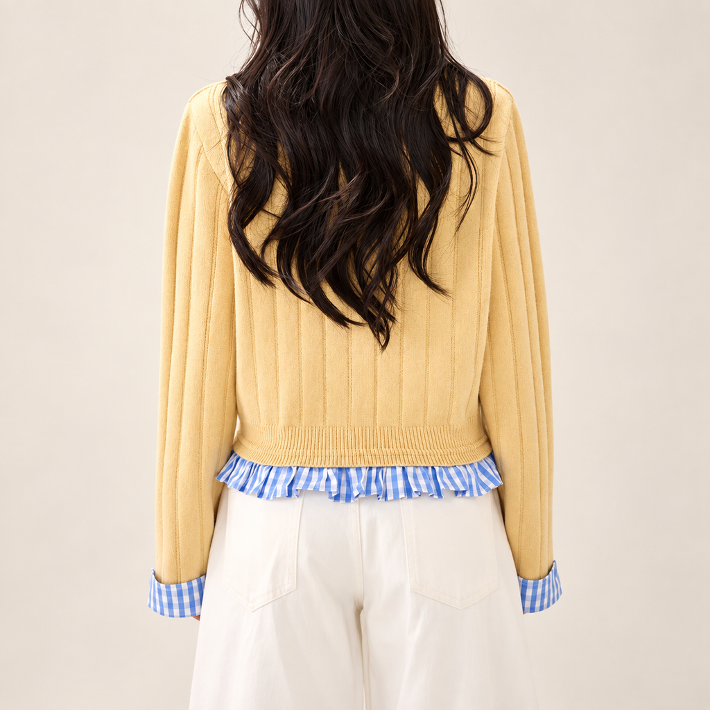 Elodie Yellow Ribbed Button Cardigan with Blue Gingham Trim