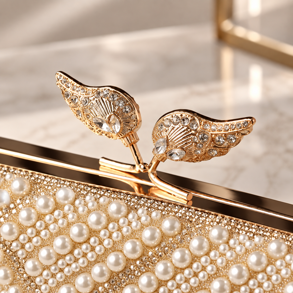 Rosalie Pearl Beaded Evening Clutch with Leaf Top Clasp