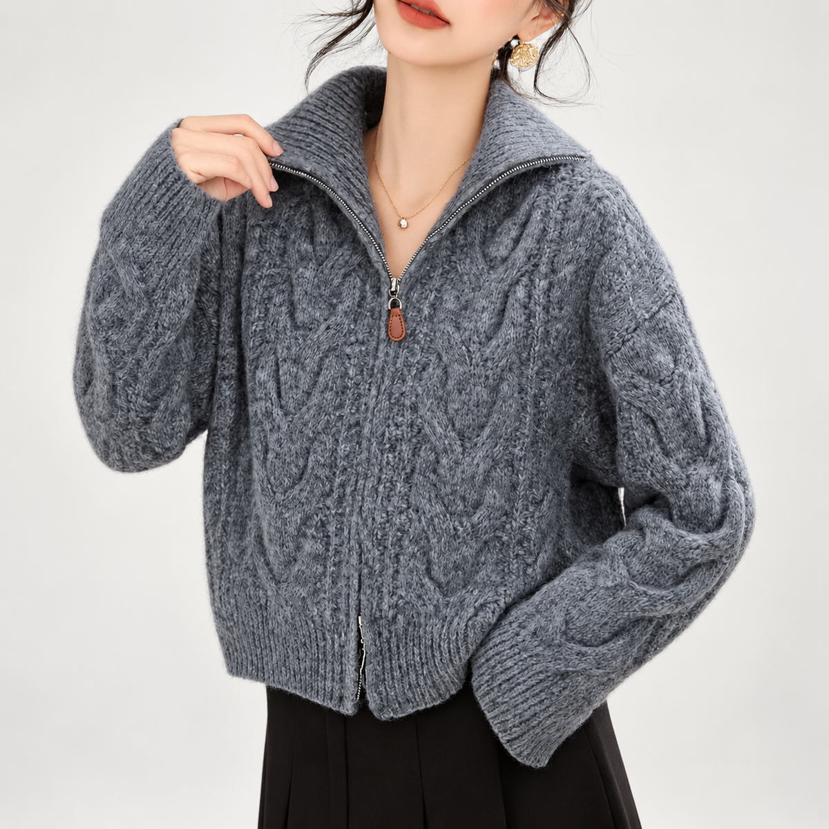 Elena Women’s Cable Knit Zip Cardigan with Stand Collar