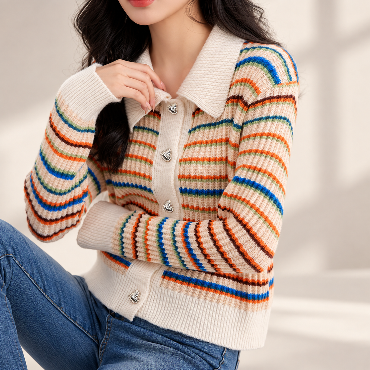 Rosalie Ivory Multi-Stripe Ribbed Knit Cardigan with Heart Buttons