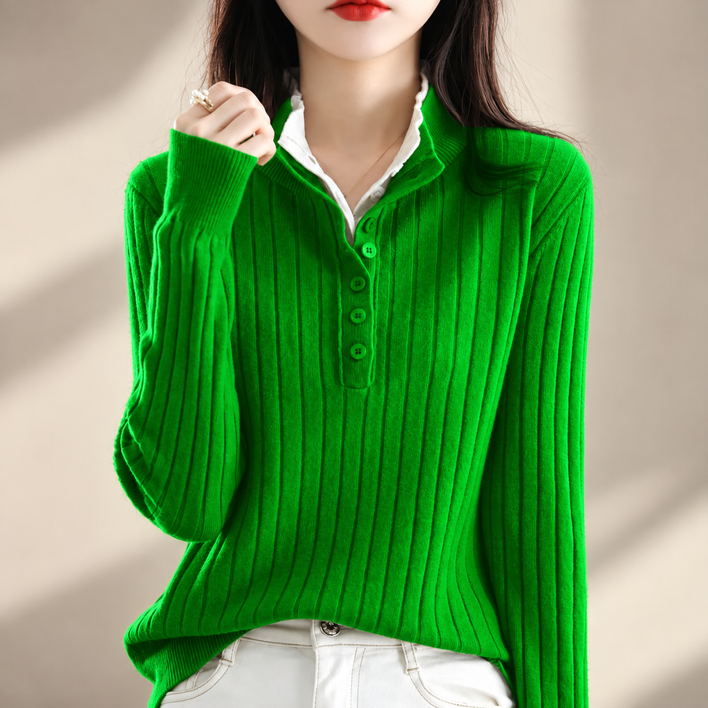 Felicity Women’s Ribbed Polo Knit Sweater – Long Sleeve Button Placket Pullover