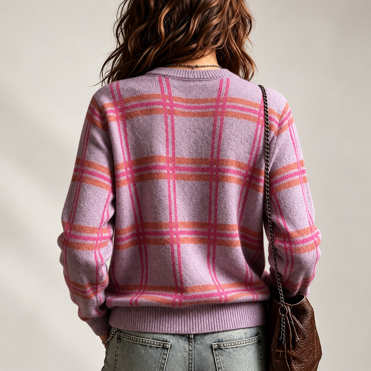 Sienna Women’s Lilac Plaid Crew Neck Knit Sweater