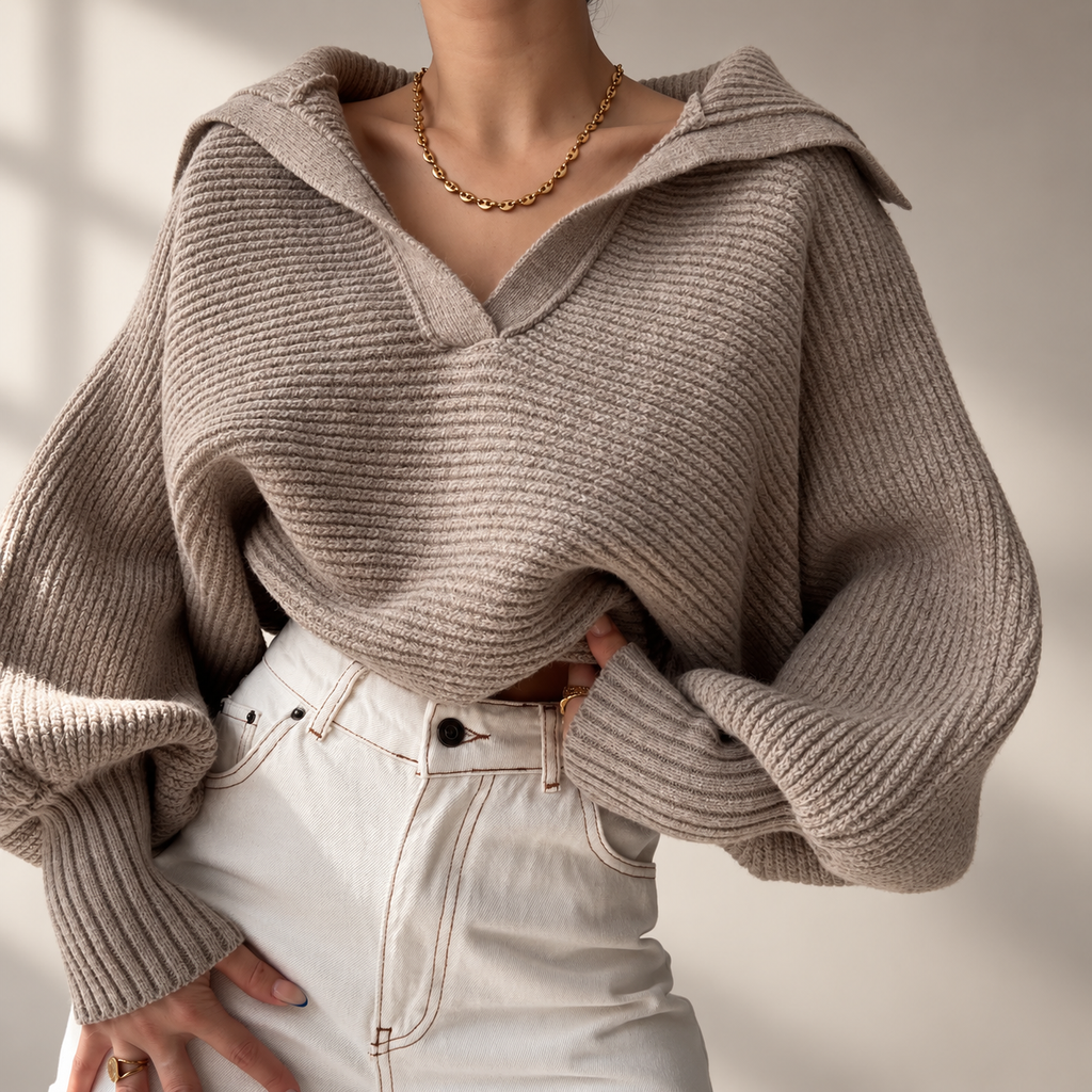 Colette Women’s Oversized Collared Knit Sweater – Ribbed Long Sleeve Pullover
