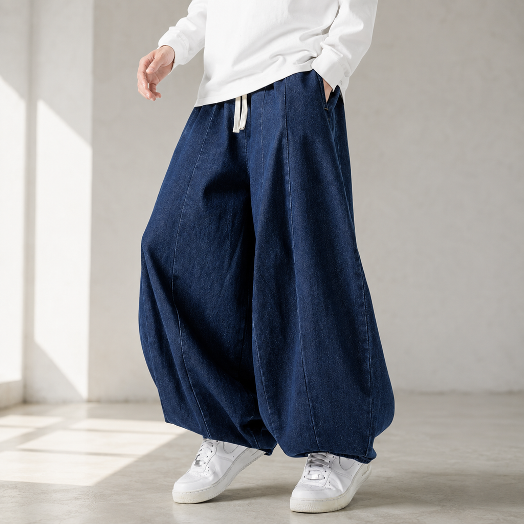 Lorenzo Men’s Balloon Fit Drawstring Denim-Look Pants