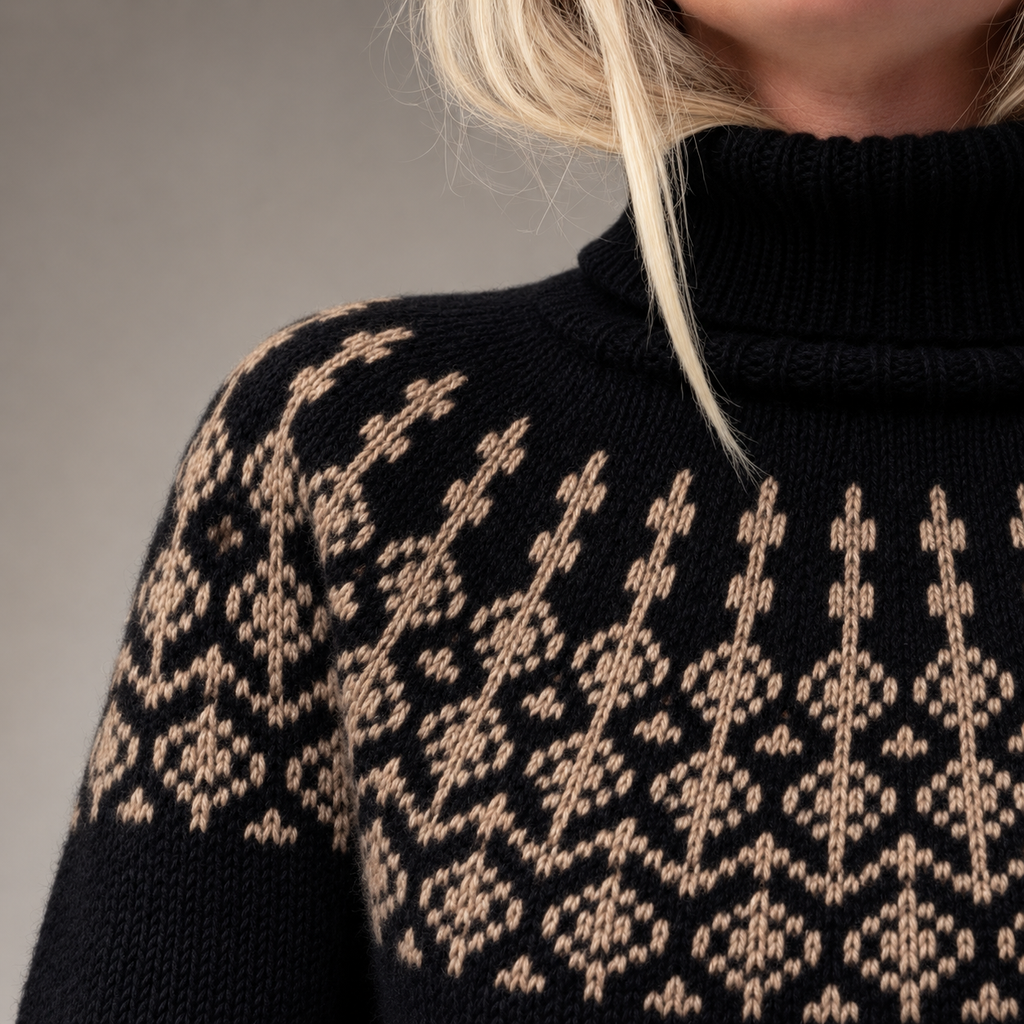 Amelia Women’s Black Fair Isle Turtleneck Knit Sweater