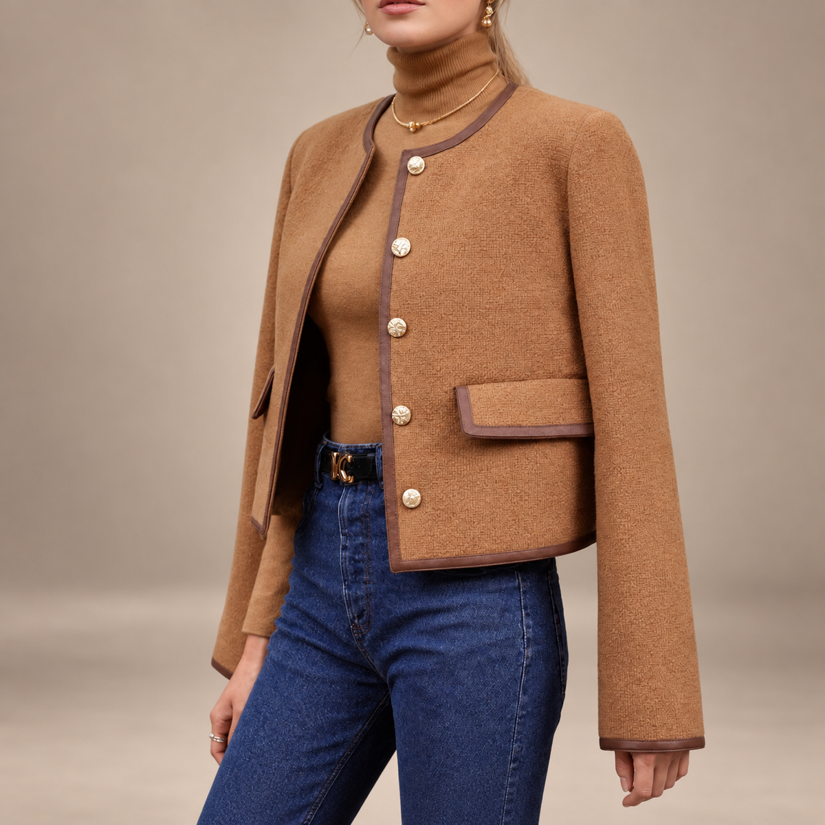 Charlotte Contrast Trim Cropped Jacket – Camel Textured Button Front Blazer