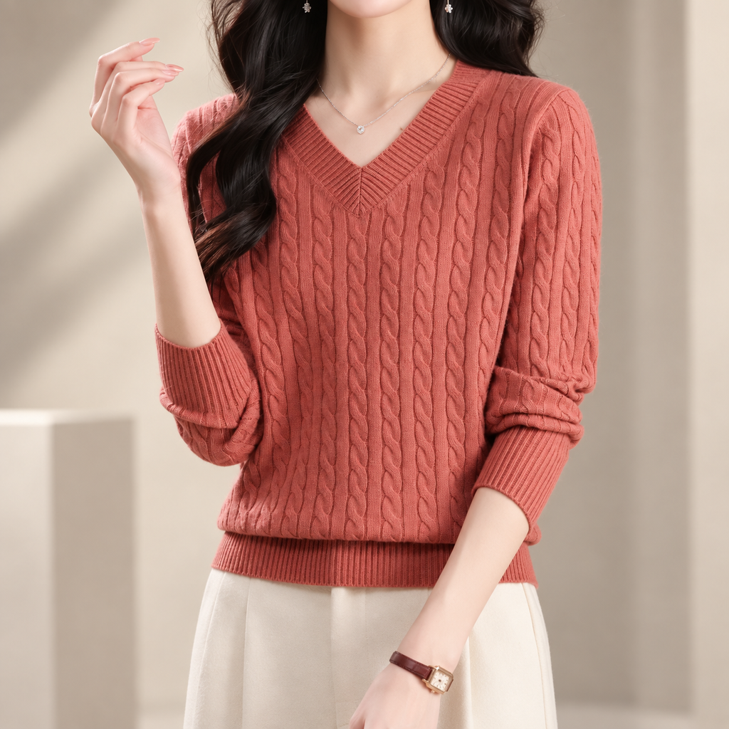 Valentina Women's Cable Knit V-Neck Sweater with Ribbed Trim