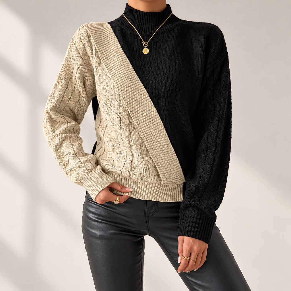 Sienna Women’s Asymmetrical Cable Knit Mock Neck Sweater