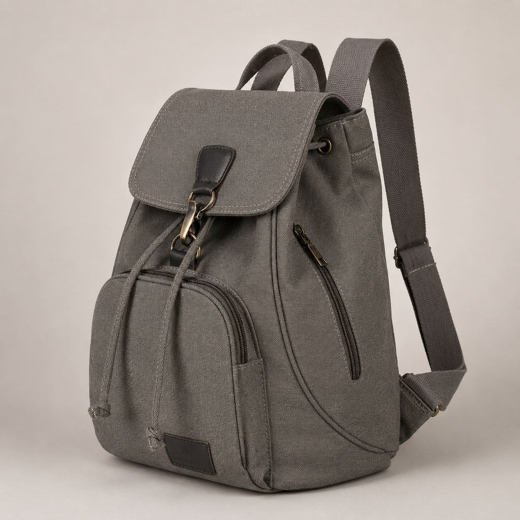 Marlowe Canvas Backpack – Drawstring Flap Rucksack with Front & Side Zip Pockets