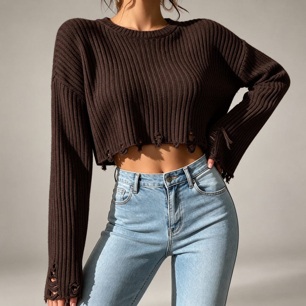 Nadia Women’s Distressed Ribbed Crop Sweater – Long Sleeve Crew Neck Pullover