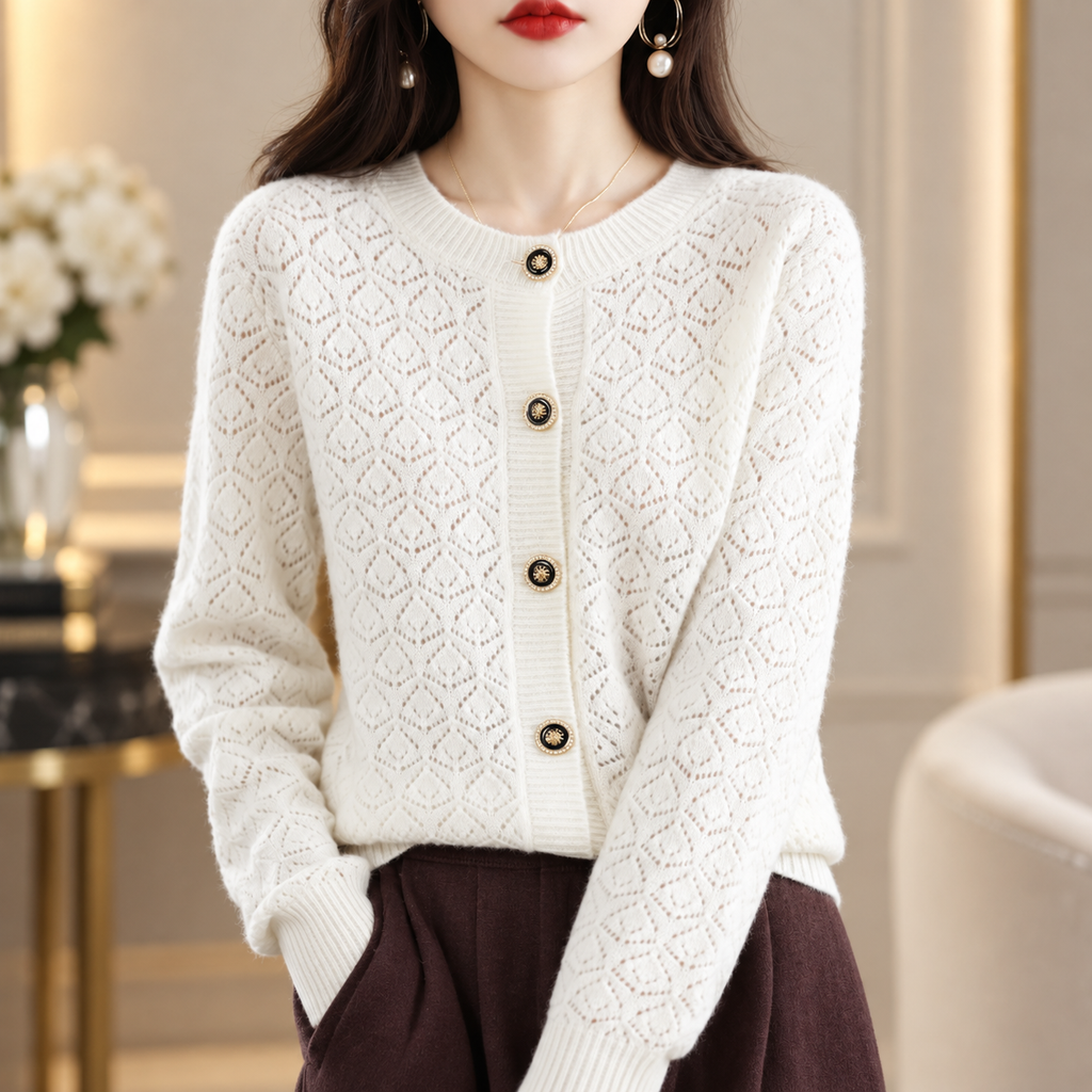 Amelie Women's Pointelle Knit Button-Front Cardigan with Decorative Buttons