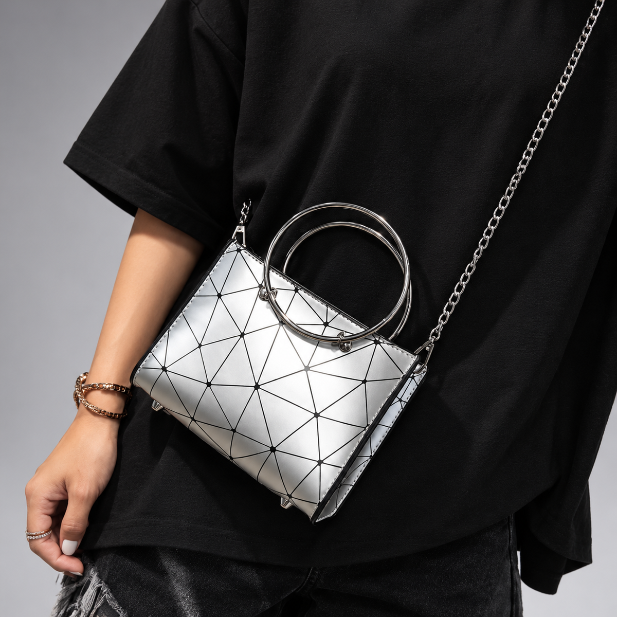 Alessia Silver Geometric Mini Handbag with Ring Handles & Chain Strap