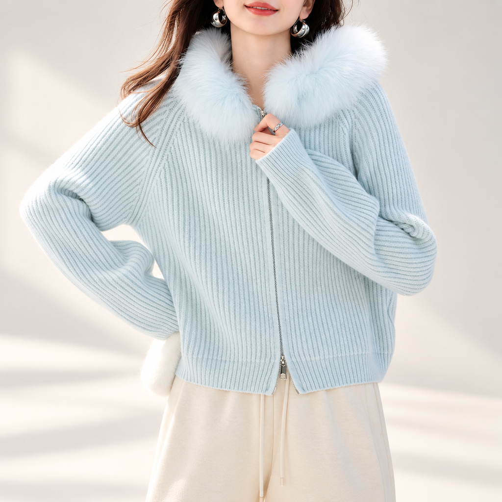 Amélie Women’s Ice Blue Rib-Knit Zip-Up Hooded Cardigan with Plush Trim