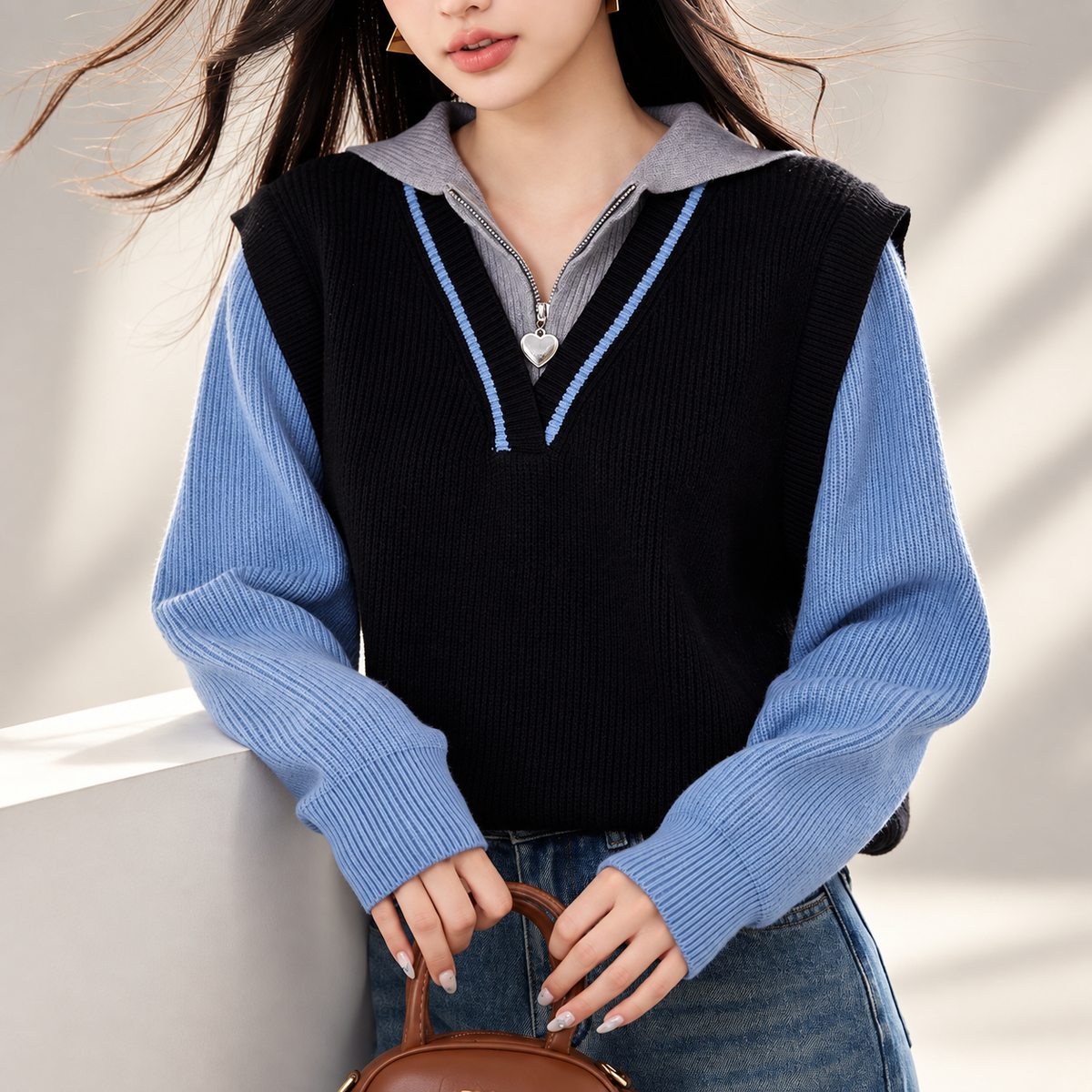 Isabelle Black & Blue Layered V-Neck Knit Sweater