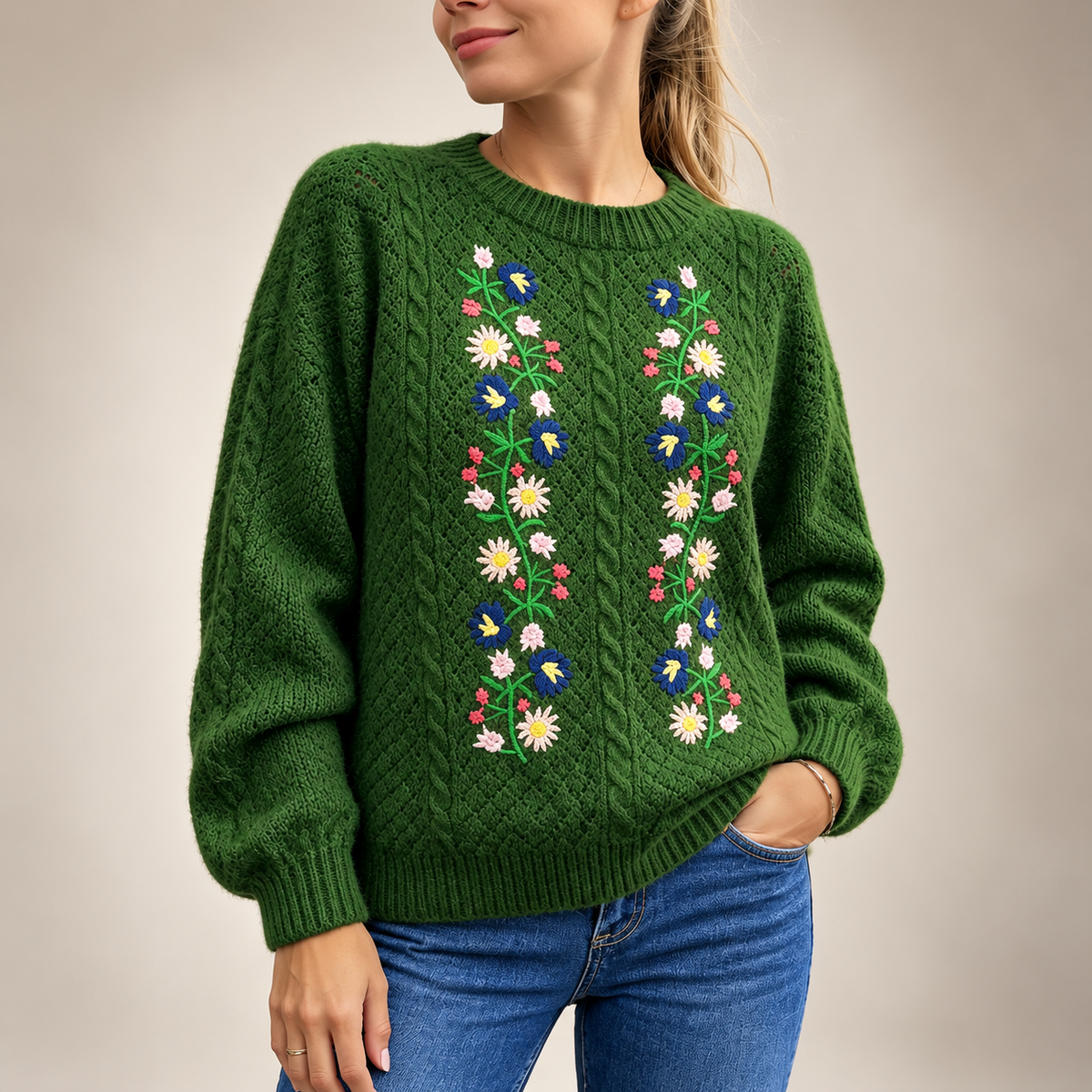 Gianna Floral Embroidered Cable Knit Sweater