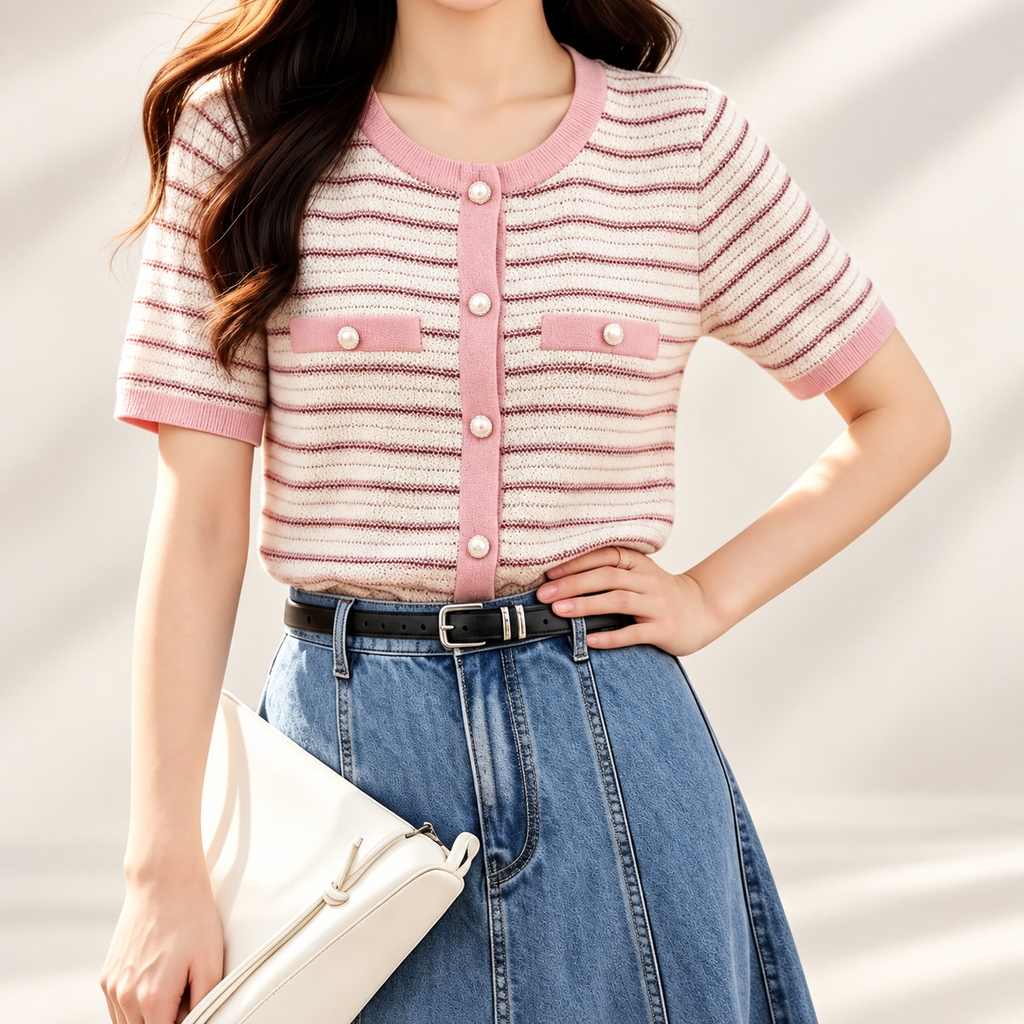 Amélie Pearl-Button Striped Knit Cardigan Top