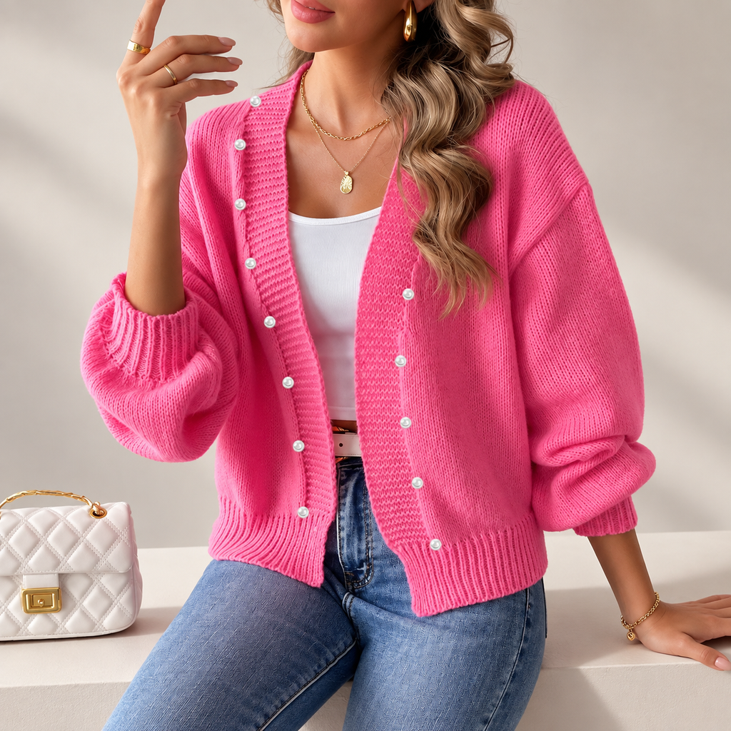 Isabella Women's Pearl-Button V-Neck Knit Cardigan with Balloon Sleeves