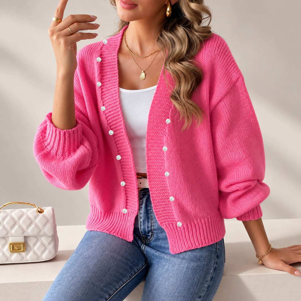 Isabella Women's Pearl-Button V-Neck Knit Cardigan with Balloon Sleeves