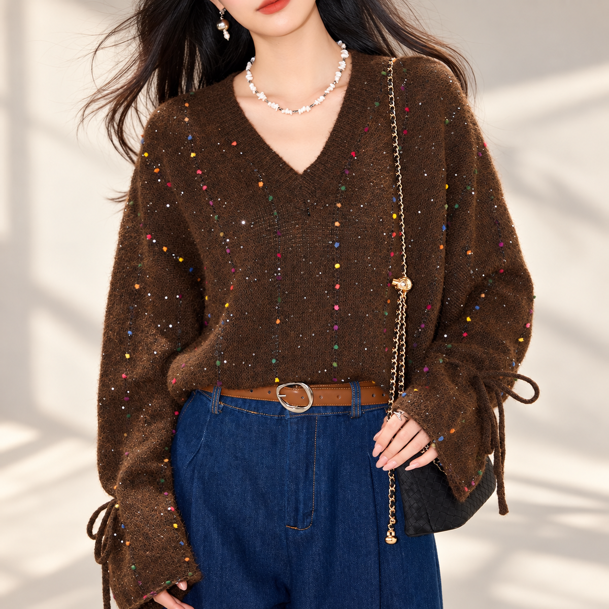 Rosalie Women’s Confetti V-Neck Tie-Cuff Knit Sweater