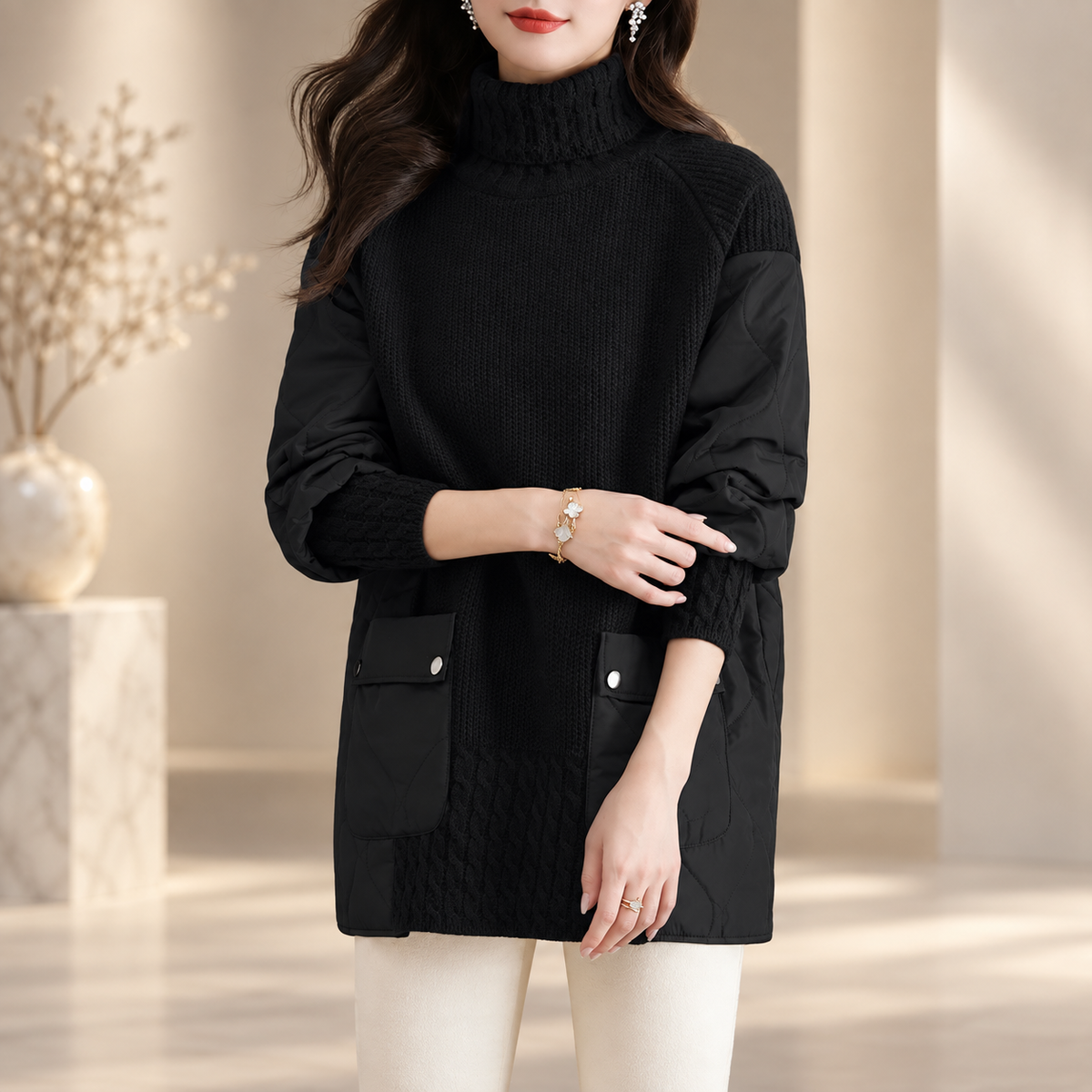 Alessia Women’s Turtleneck Mixed-Media Knit Tunic – Long Sleeve Pullover with Patch Pockets