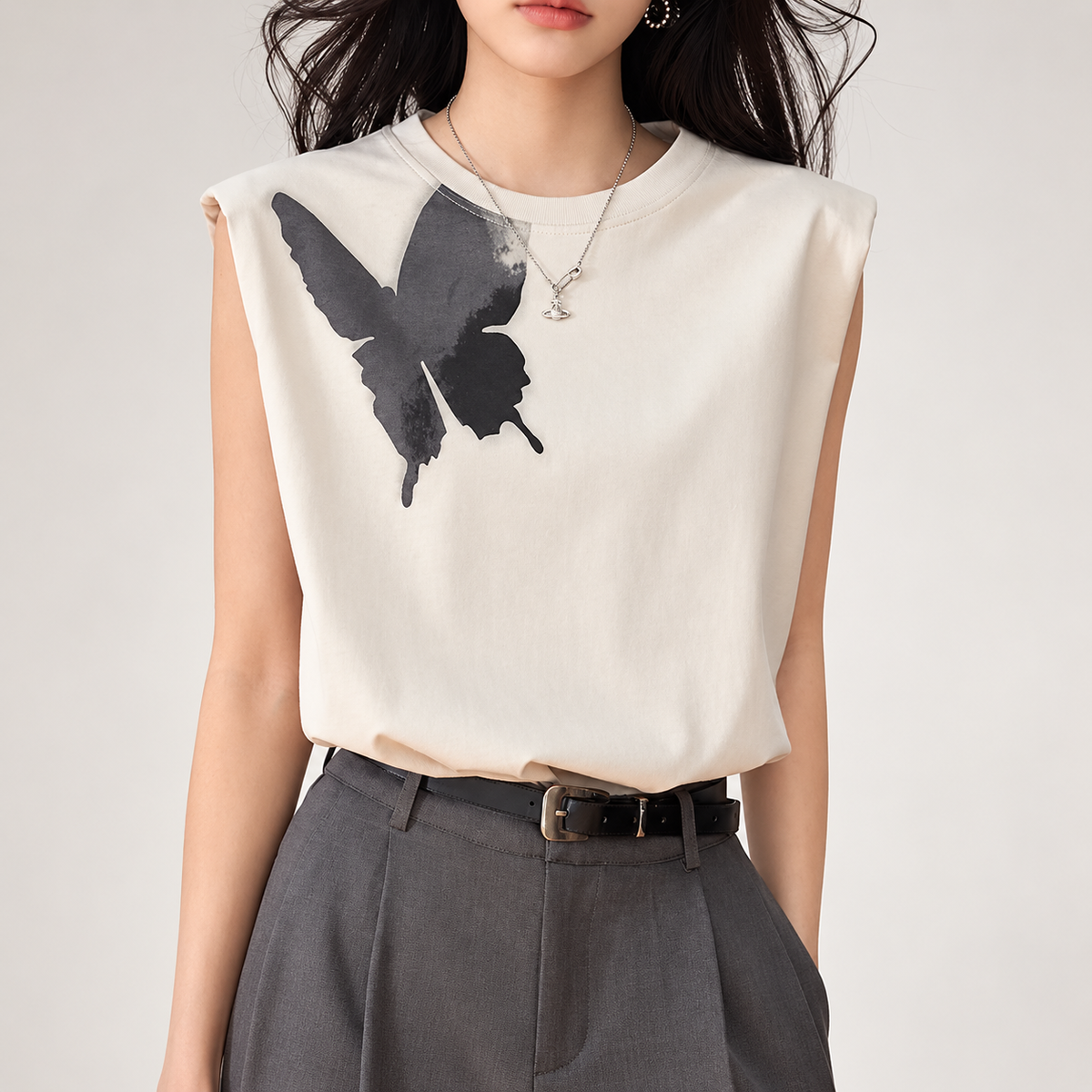 Vivienne Ivory Butterfly Graphic Sleeveless Shoulder-Pad Top