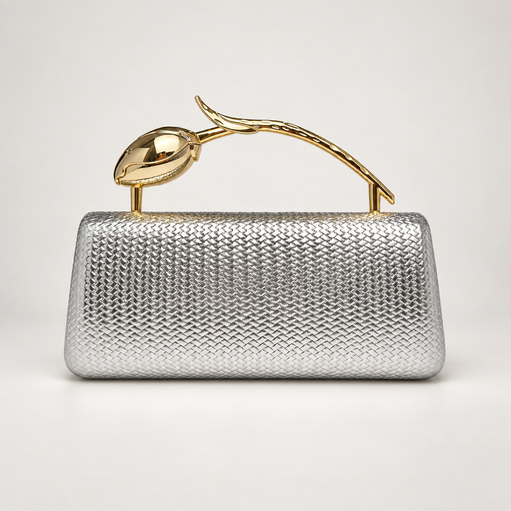 Camille Metallic Woven-Texture Evening Clutch with Sculptural Gold Handle