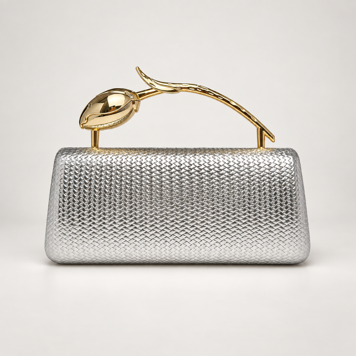 Camille Metallic Woven-Texture Evening Clutch with Sculptural Gold Handle