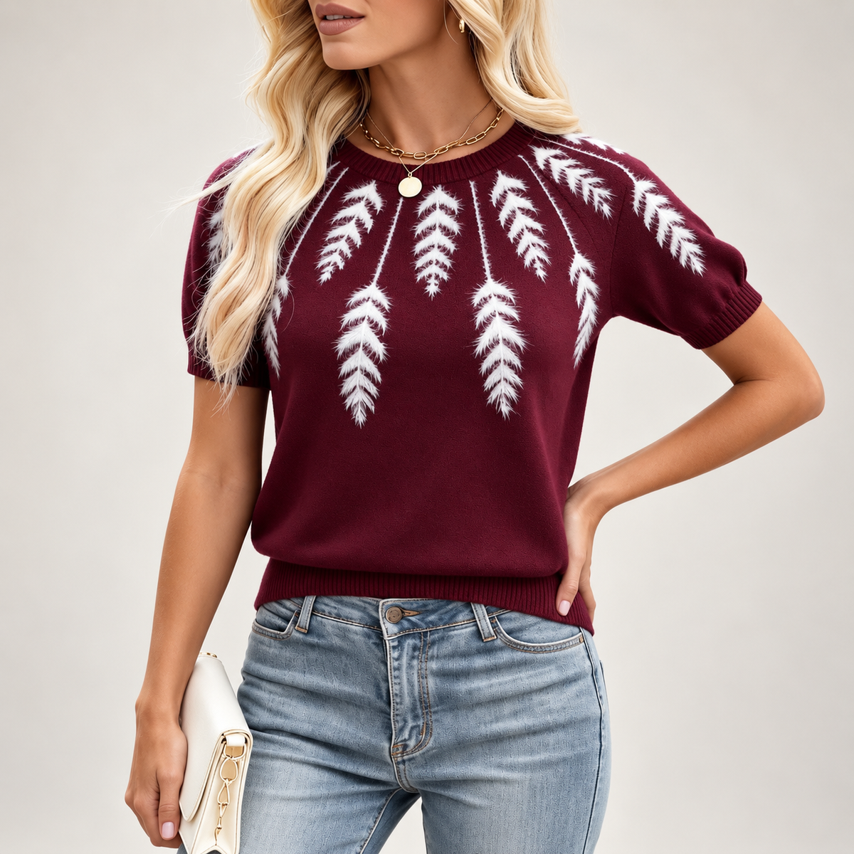 Genevieve Women’s Burgundy Feather Motif Short Sleeve Knit Sweater