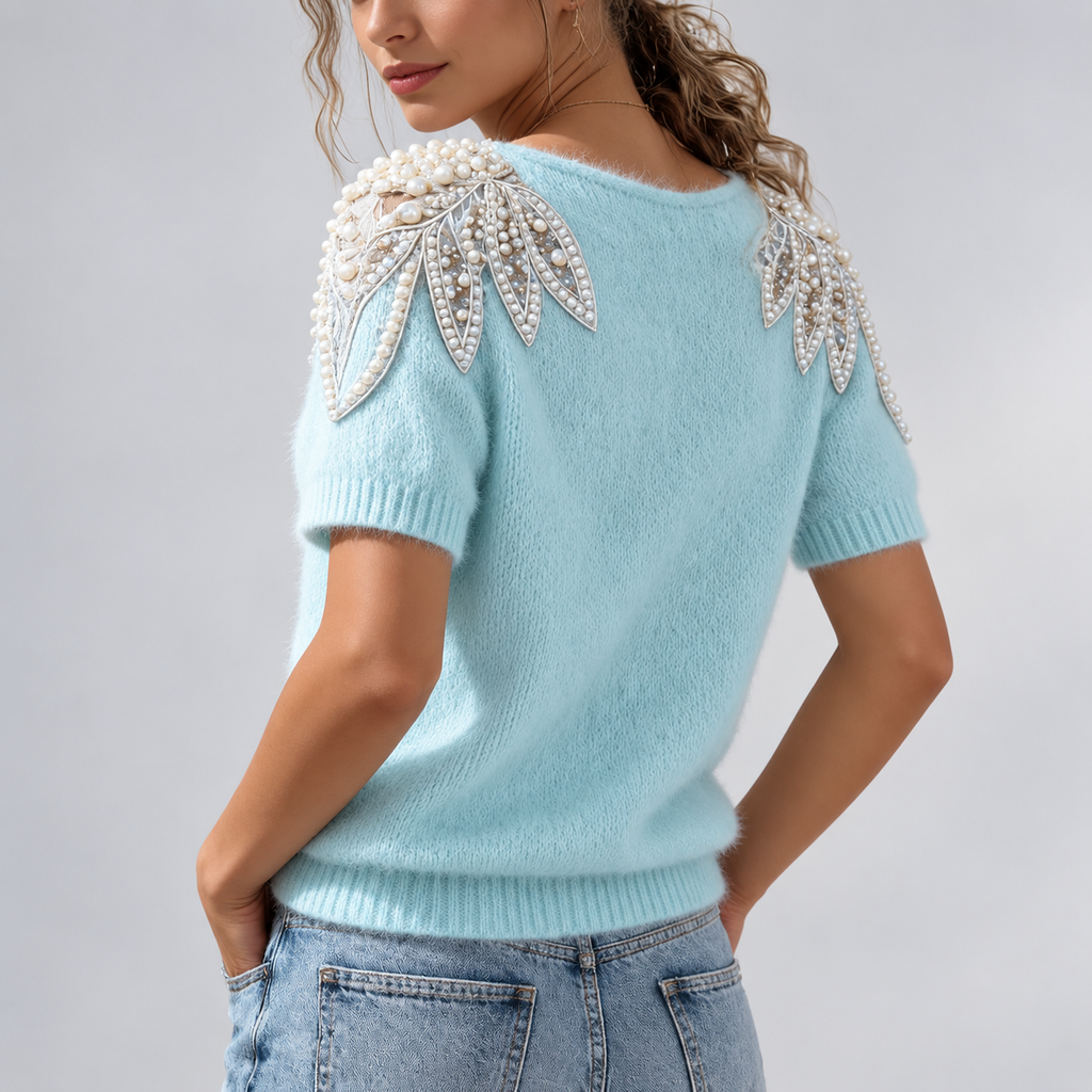 Camille Pearl-Embellished Short Sleeve Knit Top