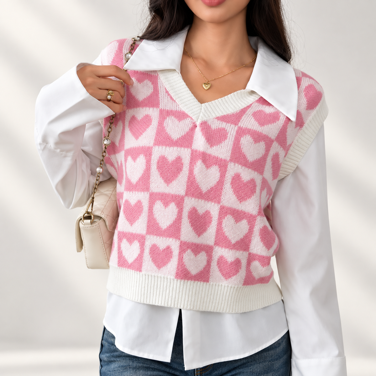 Amélie Women’s Heart Check V-Neck Knit Sweater Vest