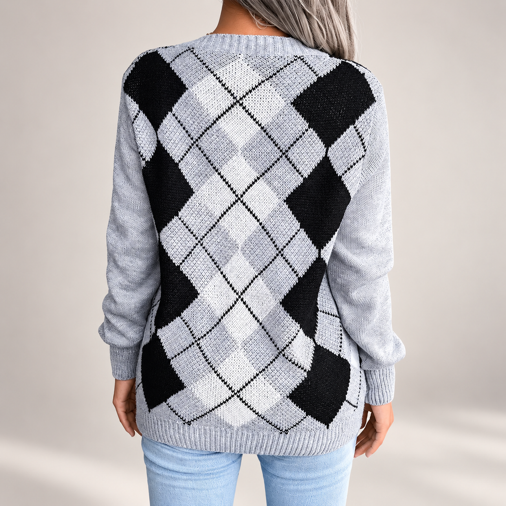 Beatrice Argyle V-Neck Knit Sweater – Women’s Long Sleeve Diamond Pattern Pullover