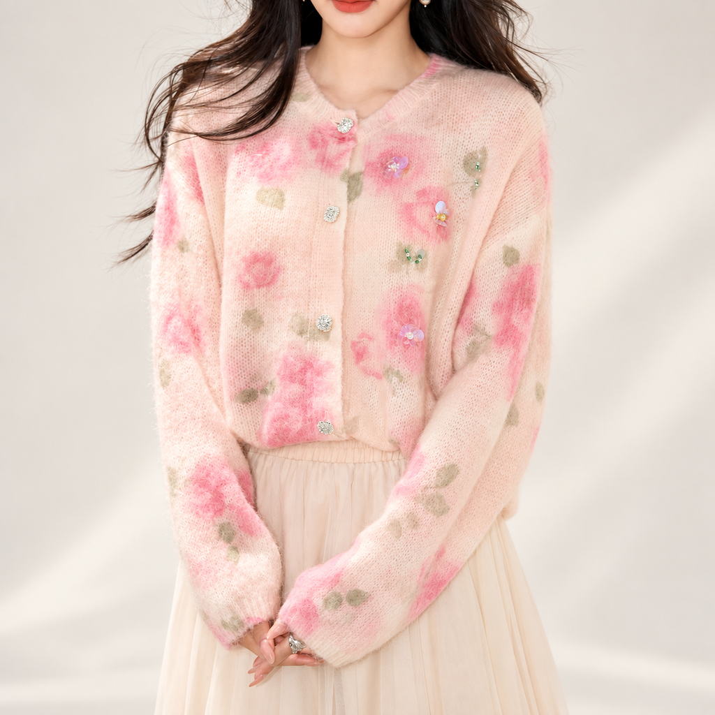 Rosalie Printed Floral Embellished Knit Cardigan