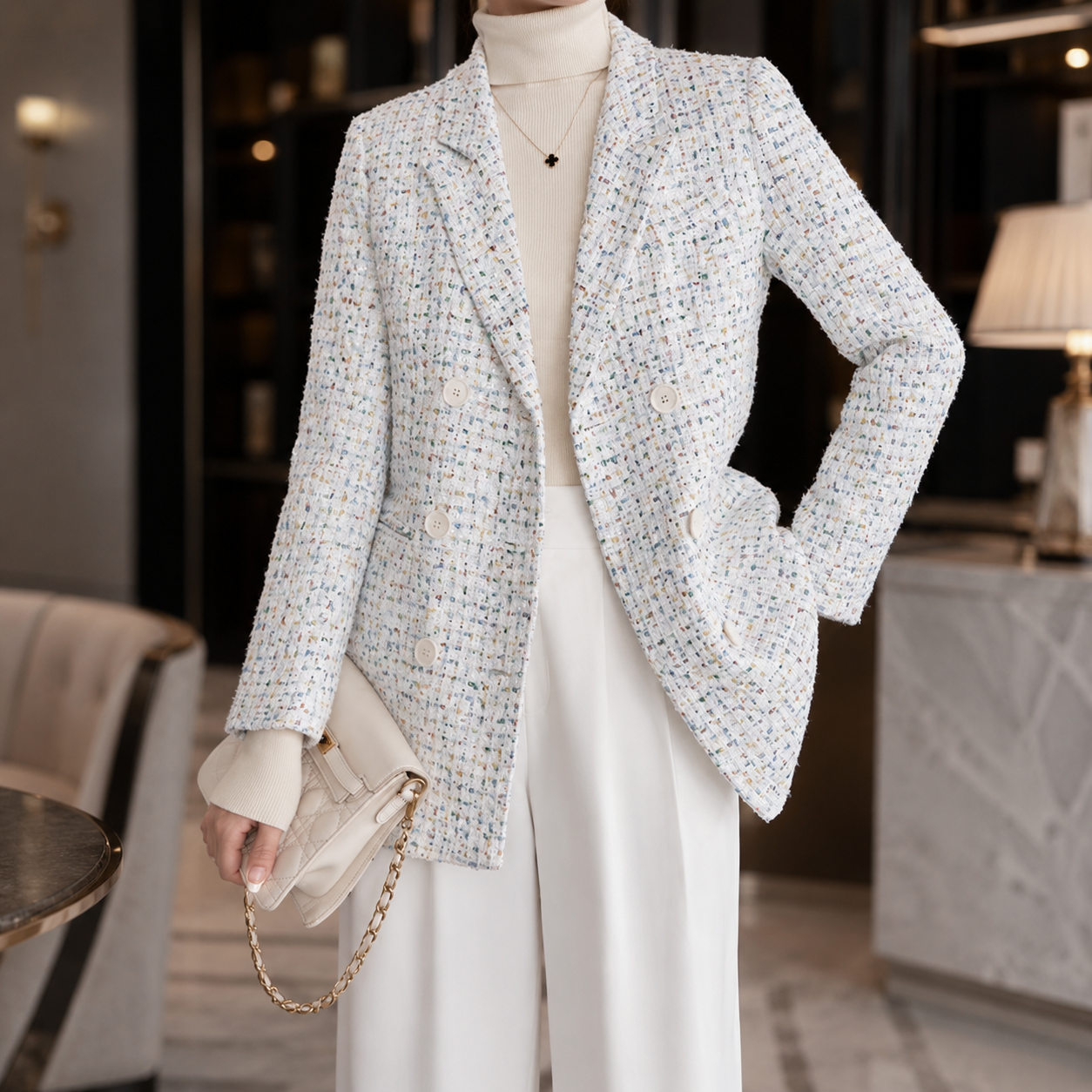 Genevieve Textured Tweed Double-Breasted Blazer for Women