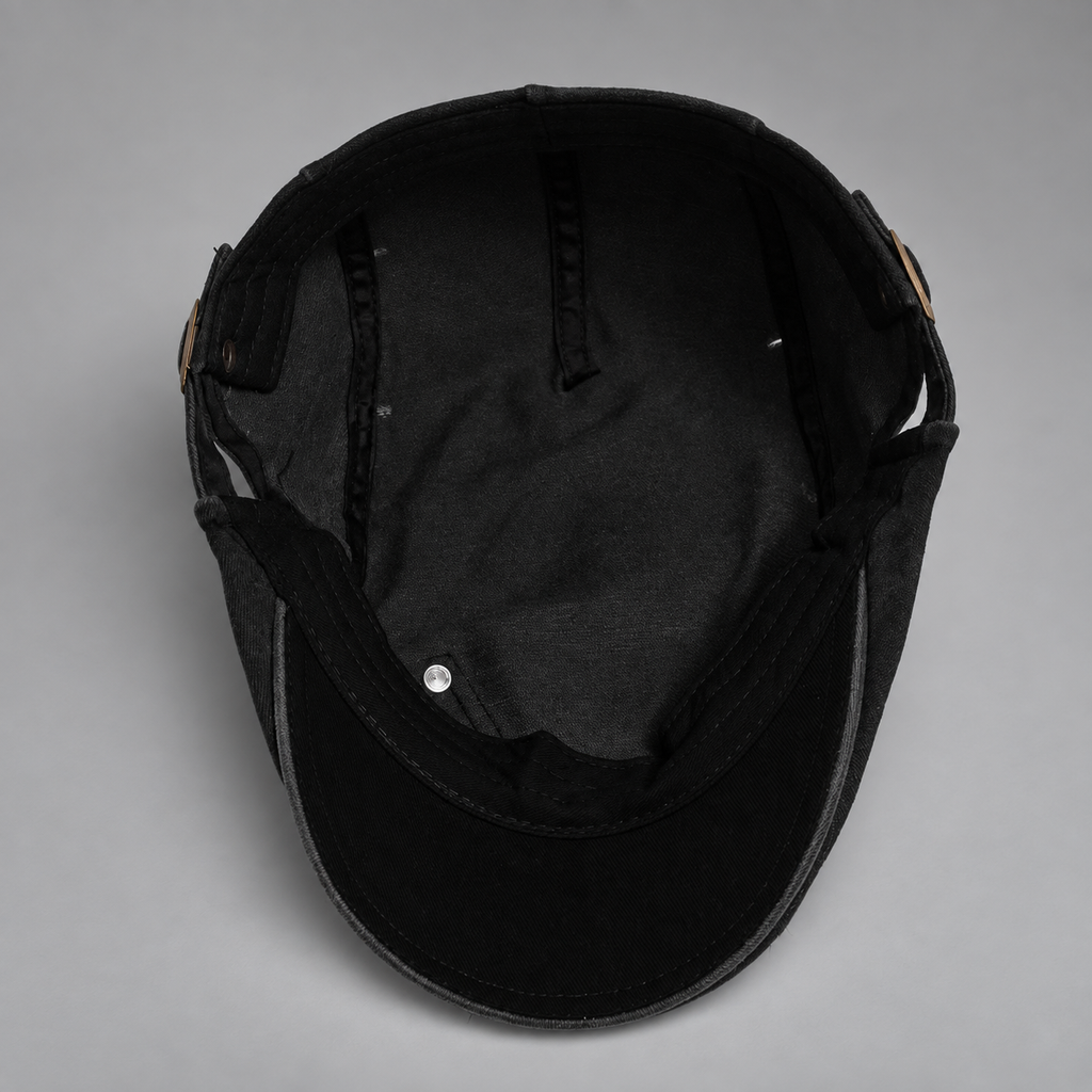 Callum Washed Flat Cap with Rivet Patch and Adjustable Buckle