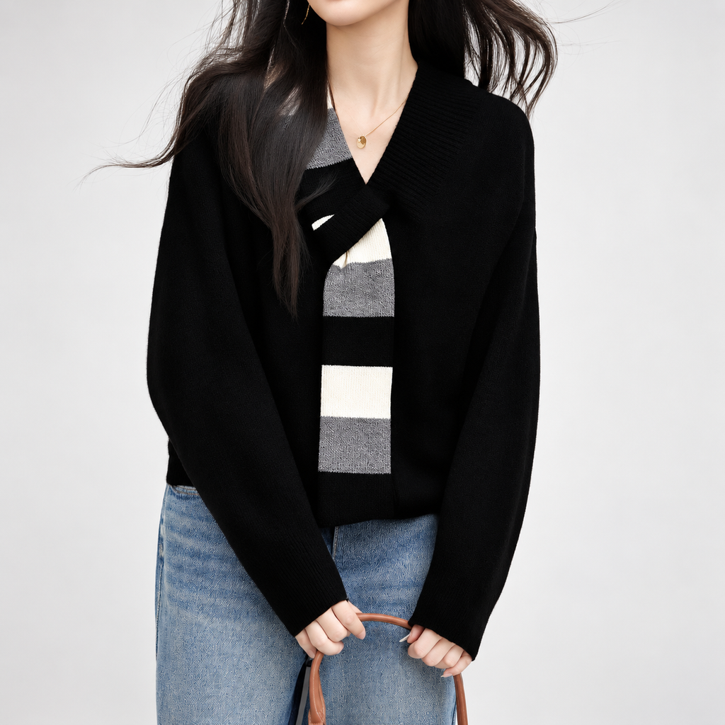 Camille Colorblock Scarf Collar Knit Sweater