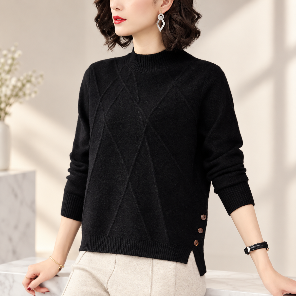 Adeline Textured Mock Neck Knit Sweater – Women’s Long Sleeve Side Button Pullover