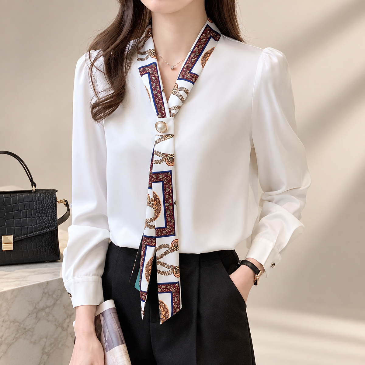 Sabrina Printed Scarf Neck Blouse – Long Sleeve Office Top