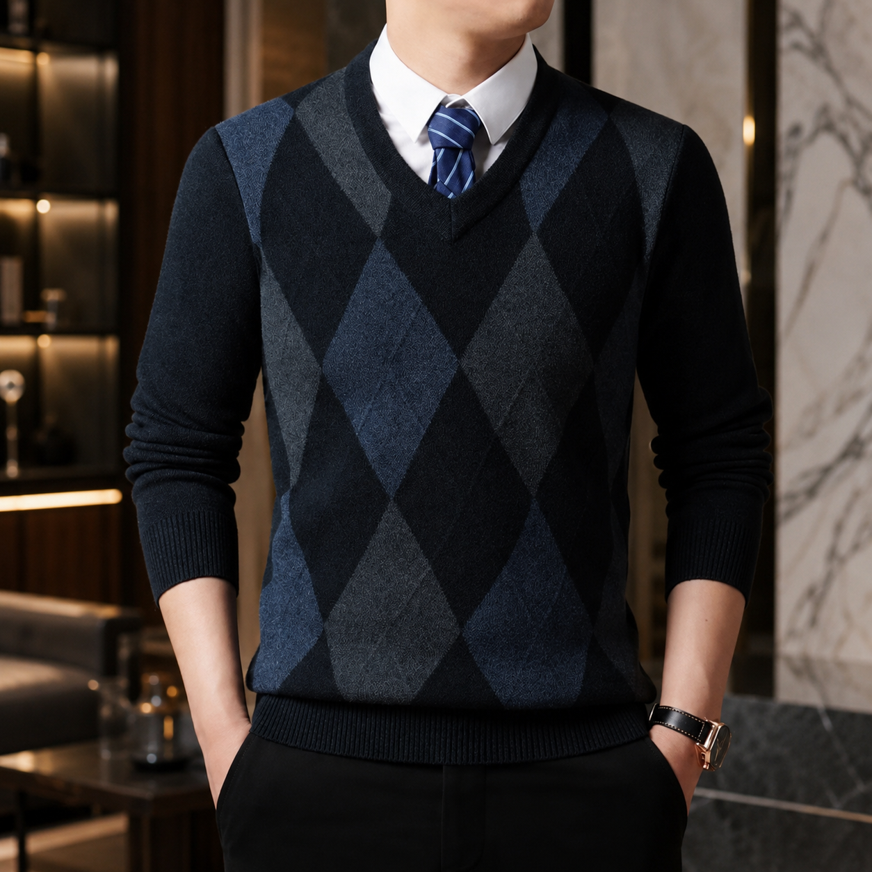 Edmund Men's Argyle V-Neck Knit Sweater