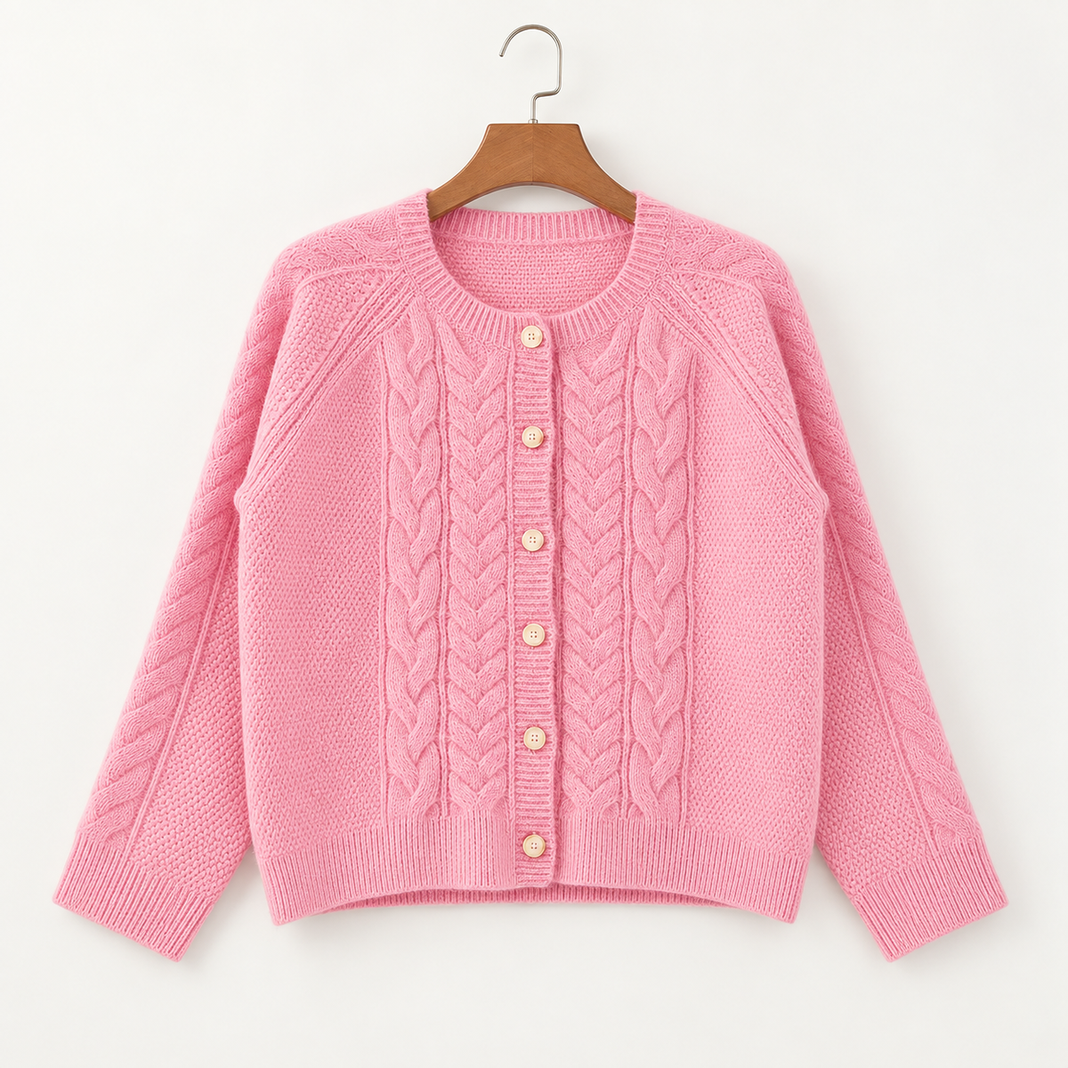 Penelope Cable Knit Button Cardigan – Pink Crew Neck Women’s Sweater