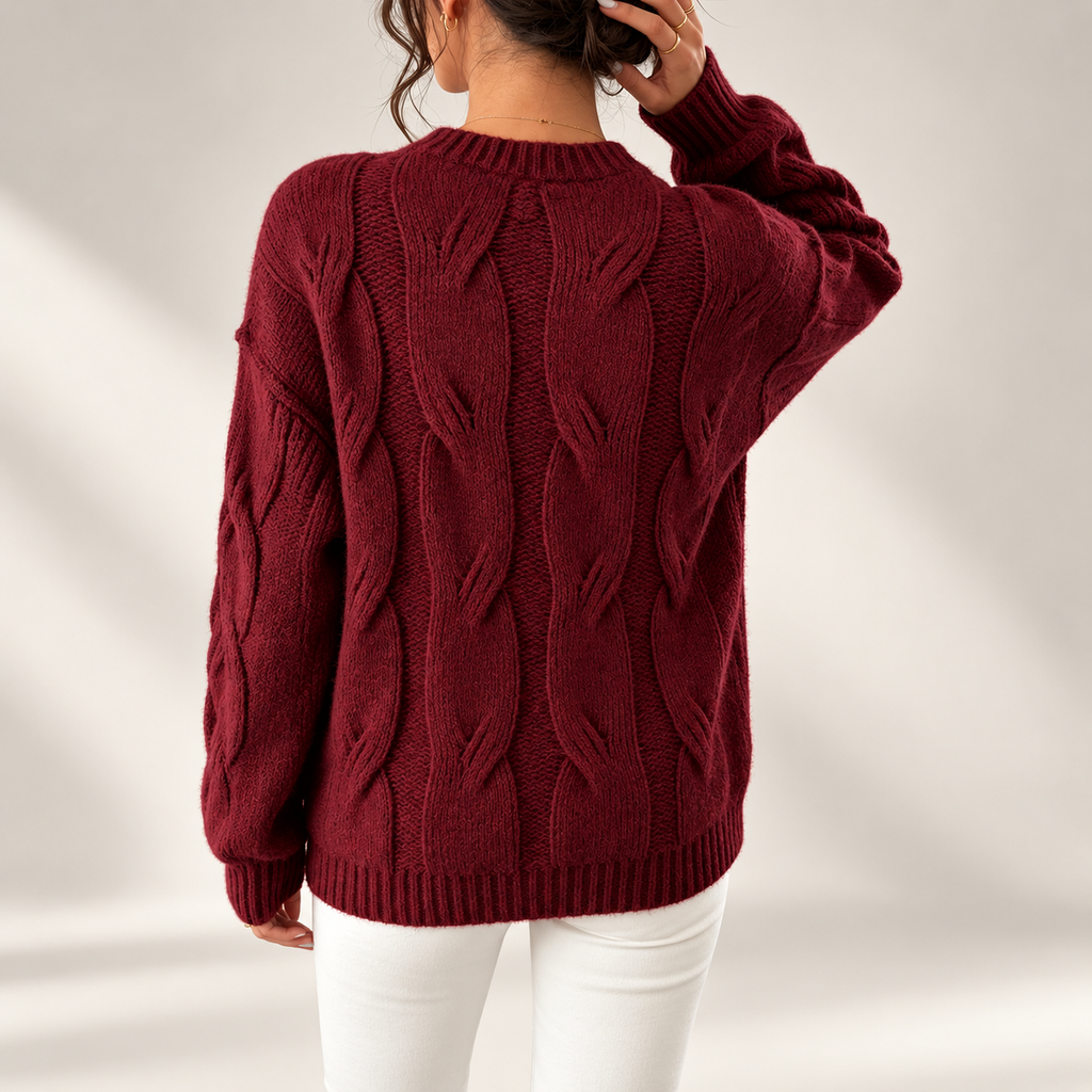 Camille Women’s Burgundy Cable Knit Crew Neck Sweater