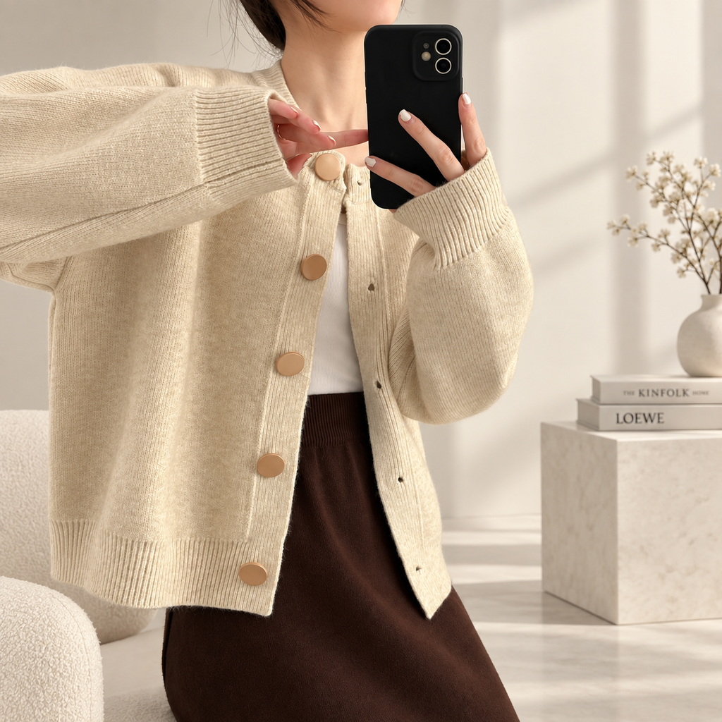 Elena Women's Round Neck Knit Cardigan with Oversized Buttons