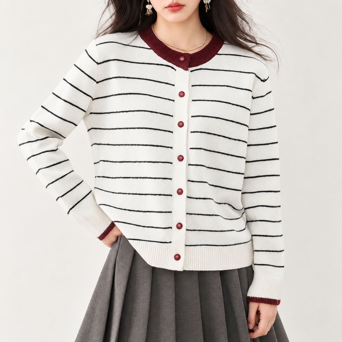 Beatrice Contrast Trim Striped Knit Cardigan