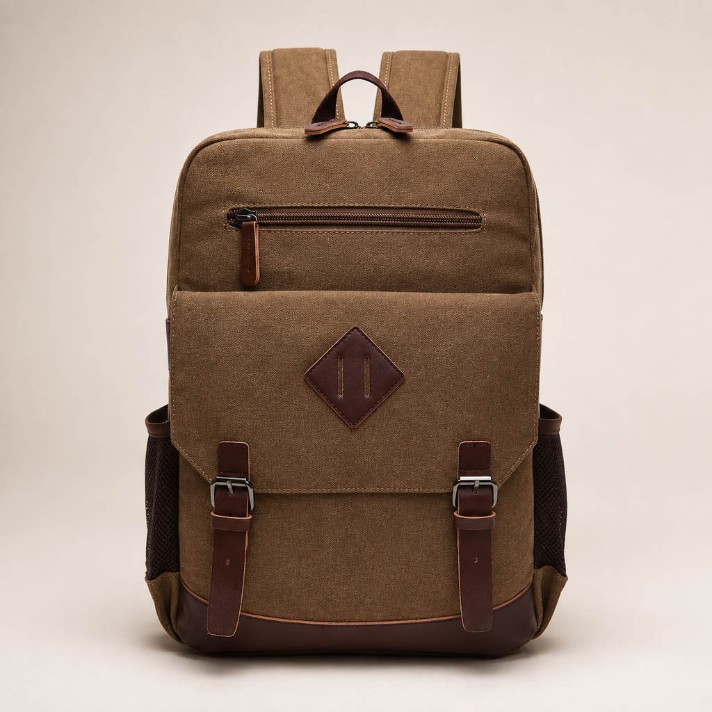Bennett Canvas Backpack – Flap Front Travel Rucksack with Zip Pocket